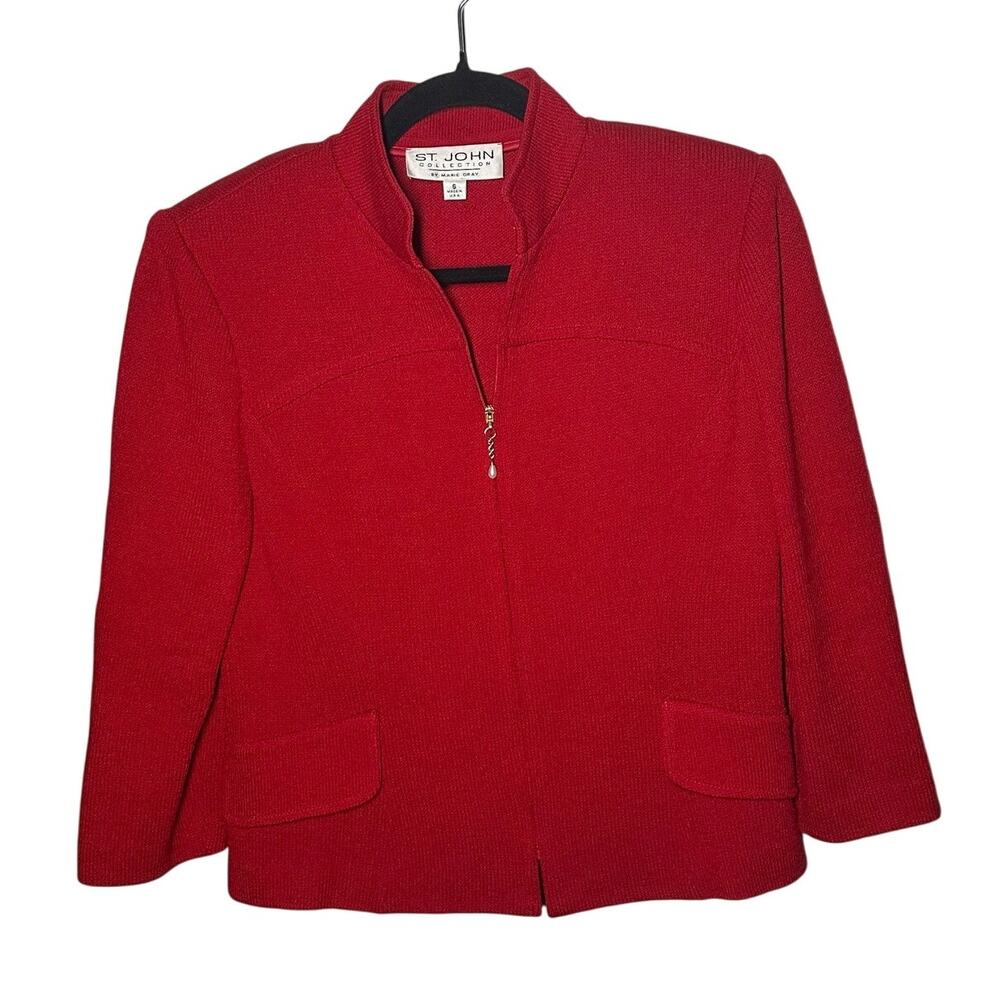 St. John Collection Red Full Zip Santana Knit Jacket Cardigan Sweater Size 6